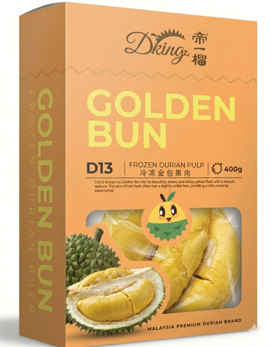 Malaysia DKing Premium 100% D13 Golden Bun Frozen Durian Pulp (400g) （BBD：Aug 2026） 
